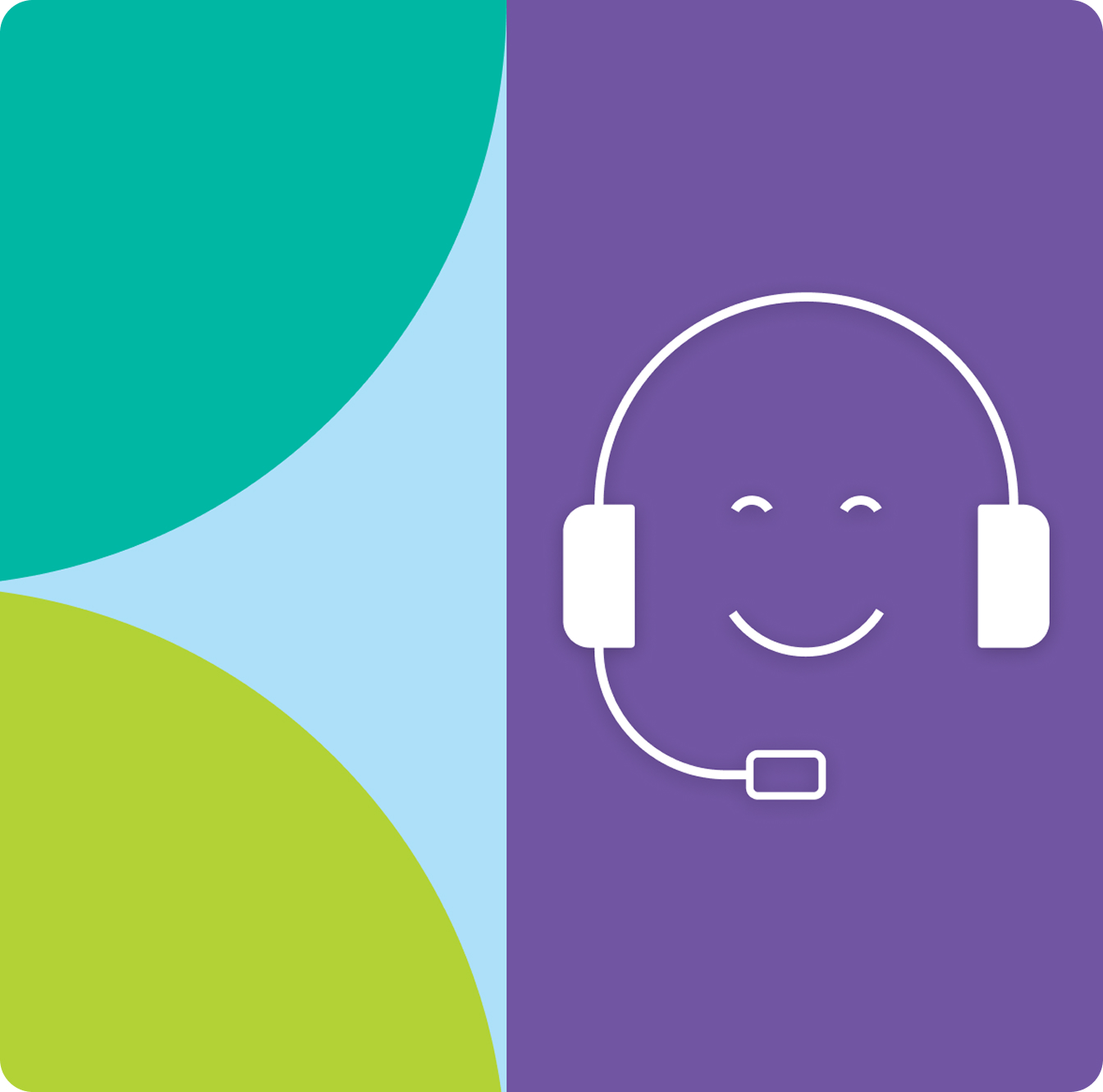 Smiling headset icon on a purple background with abstract green and blue shapes.