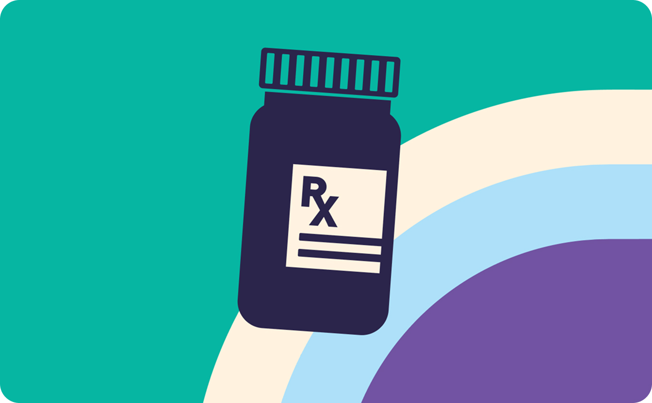 Illustration of a prescription medication bottle on a teal background with curved multicolored shapes.