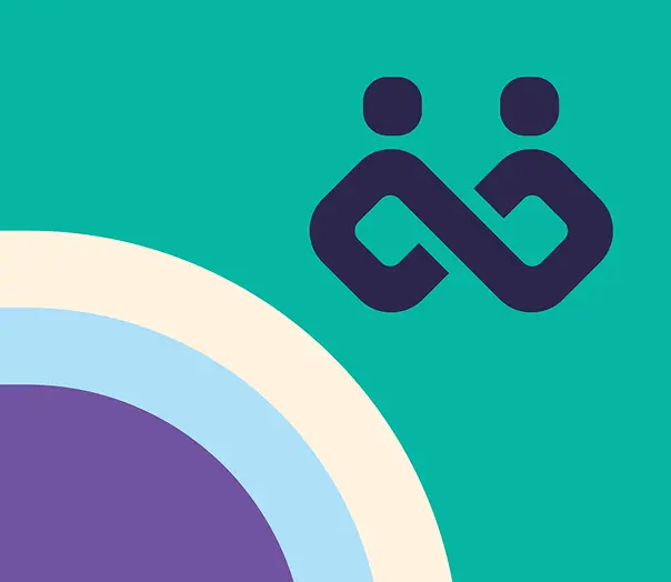 Icon of two interconnected people on a teal background