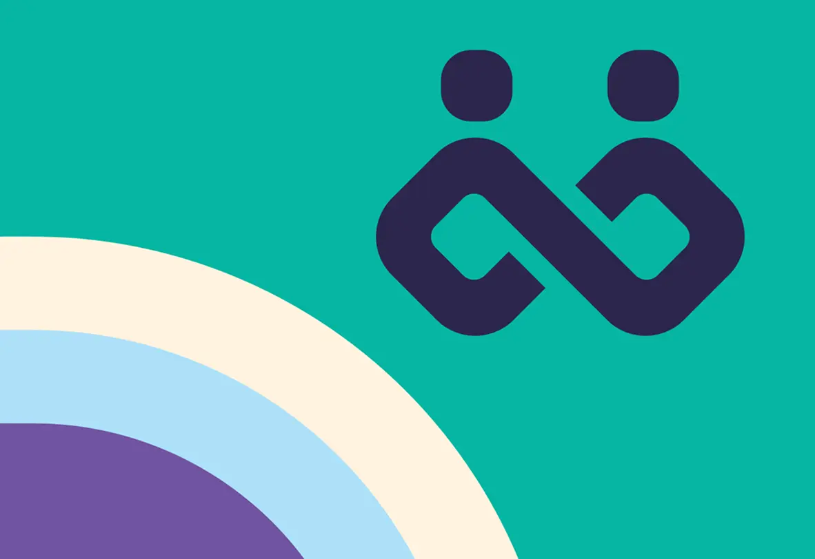Icon of two interconnected people on a teal background