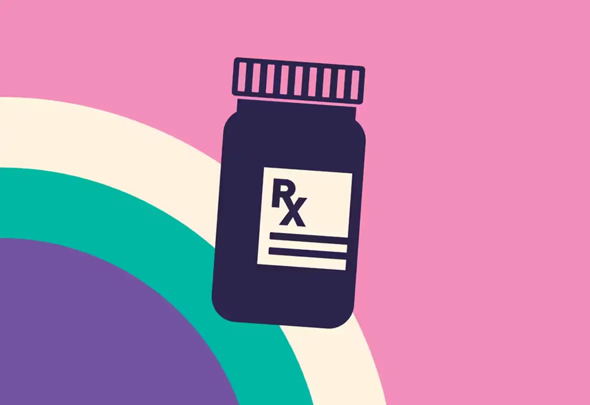 Illustration of a prescription pill bottle with an Rx label