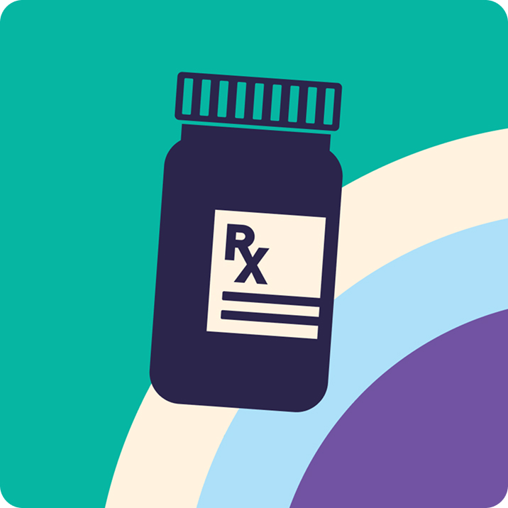 Illustration of a prescription medication bottle on a teal background with curved multicolored shapes.